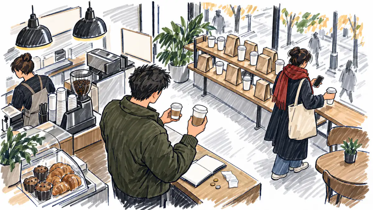 A pickup shelf by a window lined with paper cups and bags while a founder at the counter holds two cups