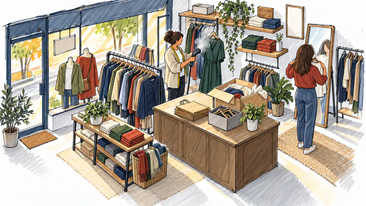 Steaming a dress among the racks A shop owner with a tape measure steams a dress near racks of jackets as a customer holds up a shirt