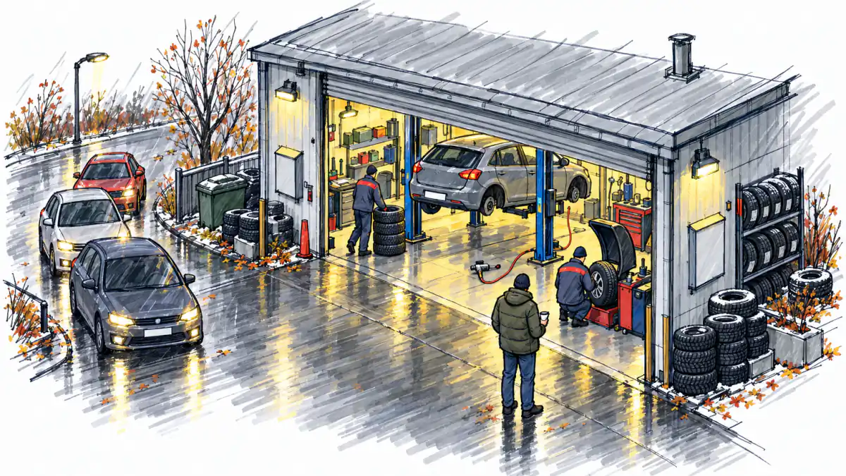 A mechanic kneels by a wheel balancer while a worker rolls a stack of tires past a car on a lift