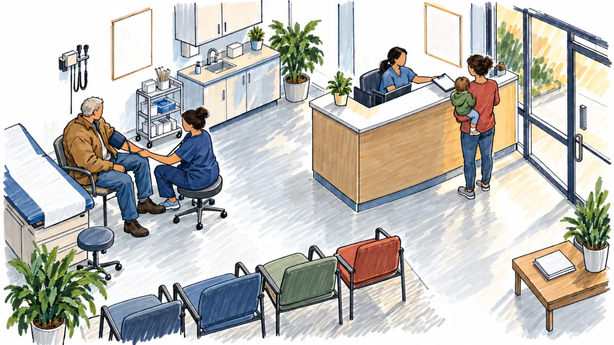 Marker sketch of a nurse taking an older man's blood pressure in a small storefront clinic while a mother and toddler check in