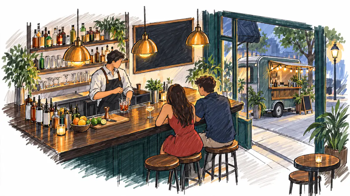 Marker sketch of a bartender stirring a cocktail for a couple at a wooden counter, with a string-lit bar trailer outside the window