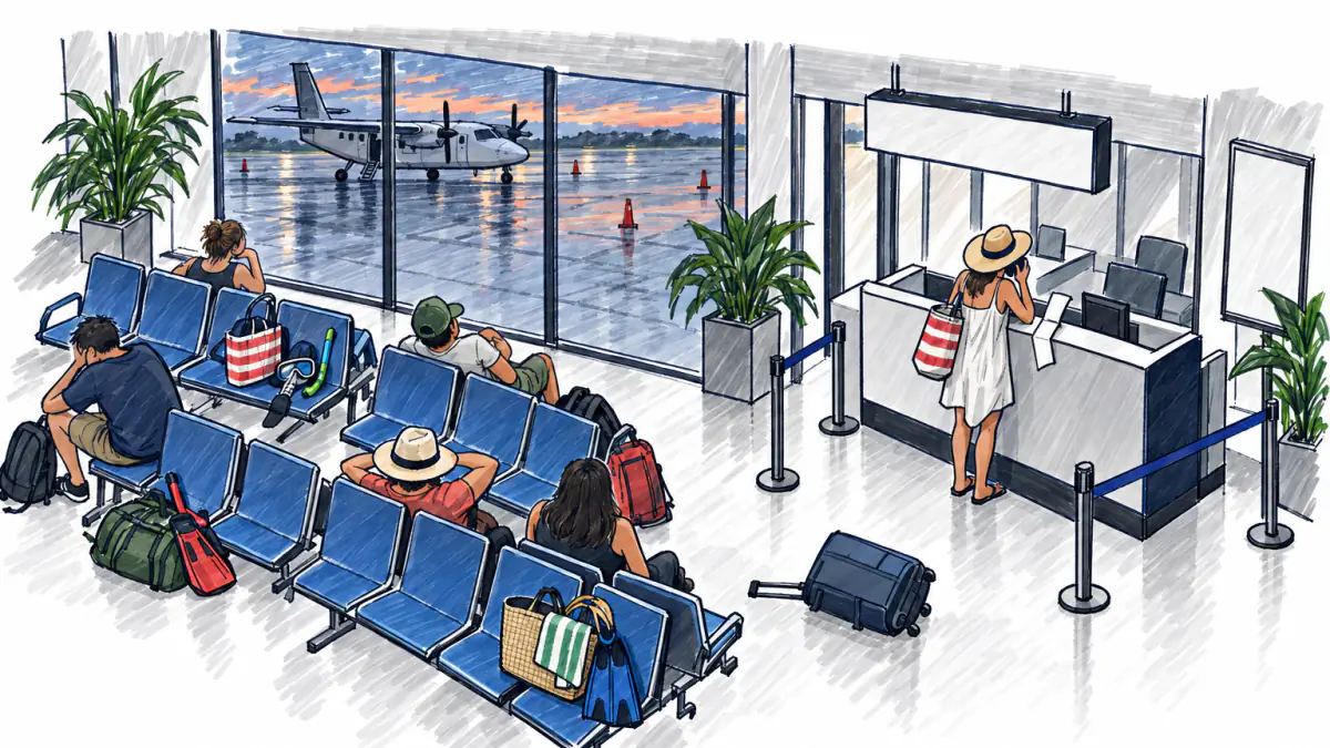 Marker sketch of stranded travelers waiting at an empty airport counter while a grounded propeller plane sits outside at dusk