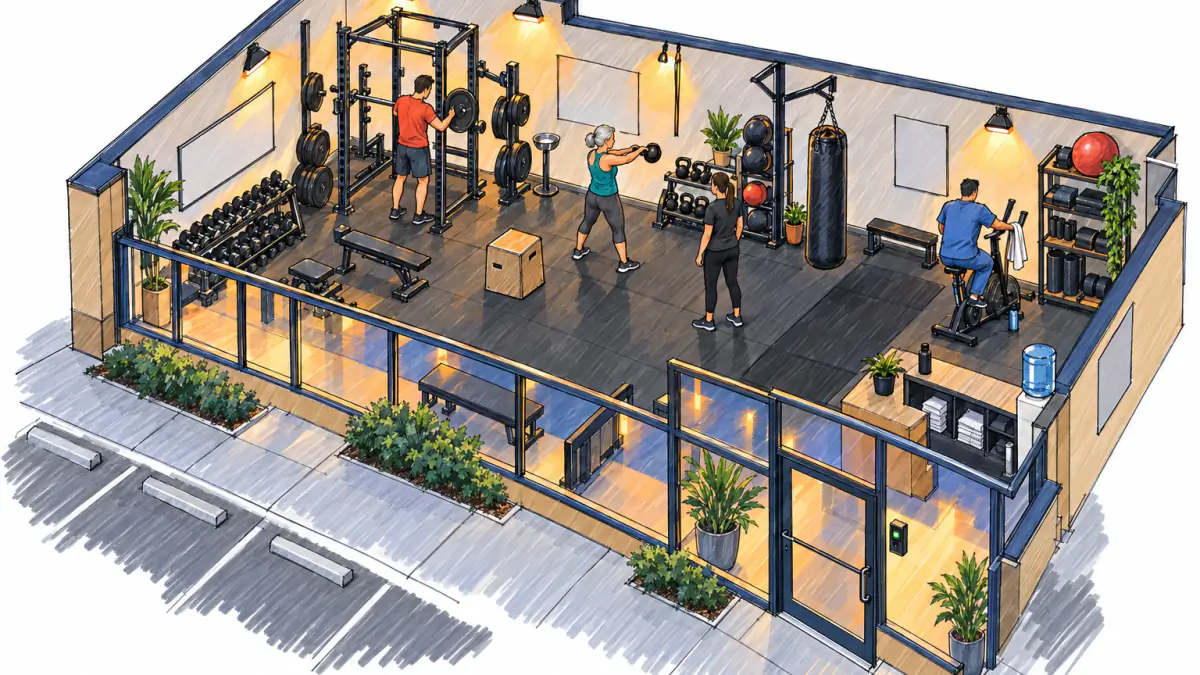 Marker sketch of a small storefront gym at dusk, an owner racking plates while an older woman lifts a kettlebell and a man rides a bike