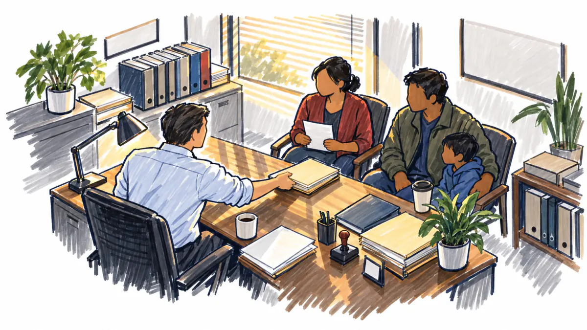 Marker sketch of a lawyer handing a folder across a desk to a family in a small office lit by late sun through blinds