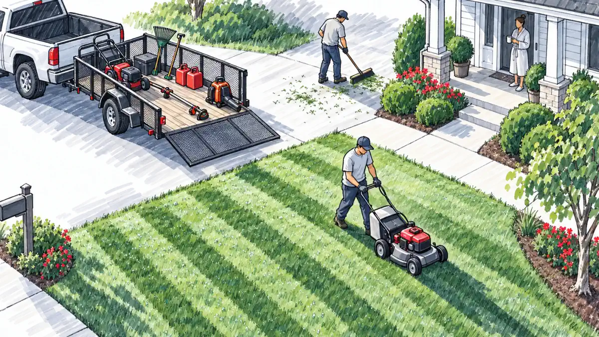 Marker sketch of a worker mowing stripes in a front lawn, a pickup trailer of mowers and tools, a homeowner watching from the porch
