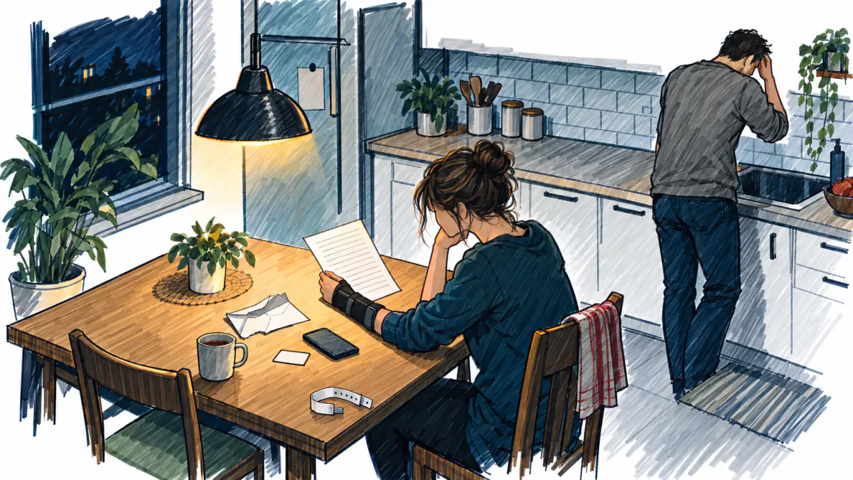 Marker sketch of a woman in a wrist brace reading a blank sheet at a kitchen table with a torn envelope, card and phone