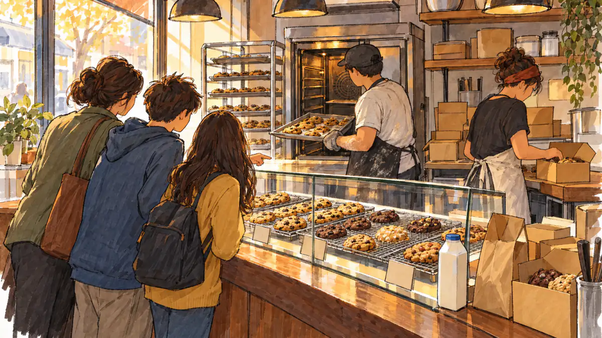 Marker sketch of a baker pulling a cookie tray from an oven while a parent and two teens point at cookies in a glass case