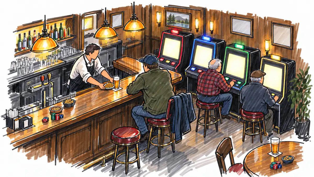 Marker sketch of a cozy tavern where a bartender serves beer and fries to locals playing a row of glowing slot machines