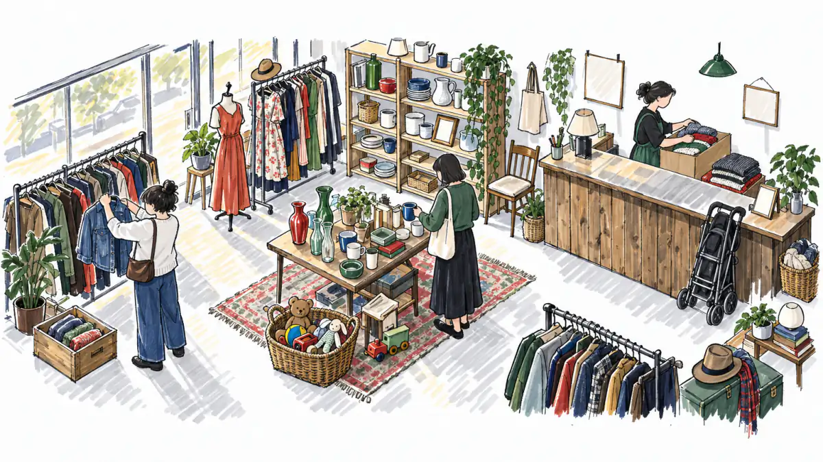Sorting donations at a secondhand shop, AI illustration Marker sketch of a thrift shop: an owner sorts donated sweaters at the counter while shoppers browse clothing racks and housewares