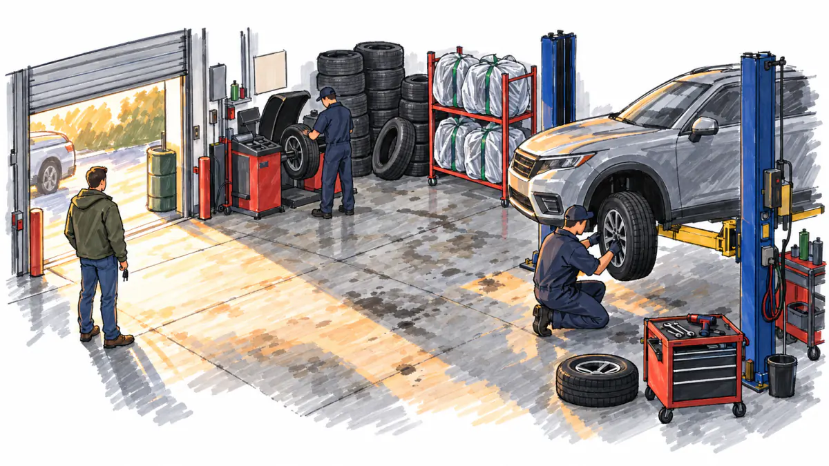Marker sketch of mechanics mounting and balancing tires in a sunlit garage bay as a customer waits by stacked used tires