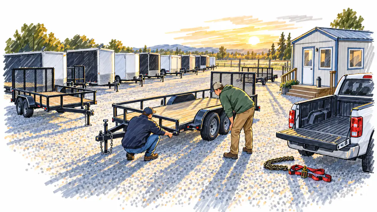 Marker sketch of a dealer showing a trailer hitch to a customer on a gravel lot lined with trailers, a pickup waiting behind