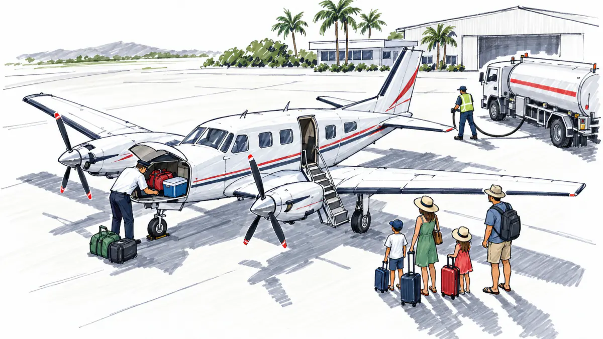 Marker sketch of a pilot loading bags into a small twin-engine plane as a vacationing family waits by the wing on a sunny apron