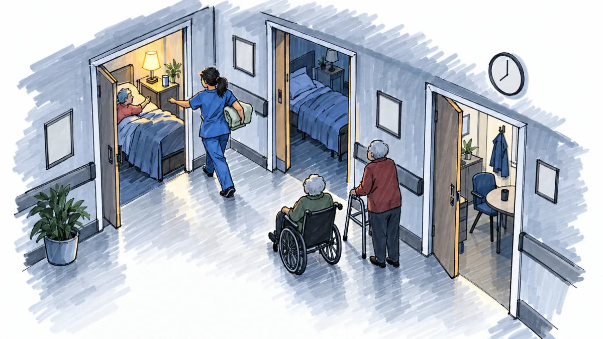 Sketch of one caregiver rushing down a dim hallway between bedrooms while residents in a wheelchair and walker wait