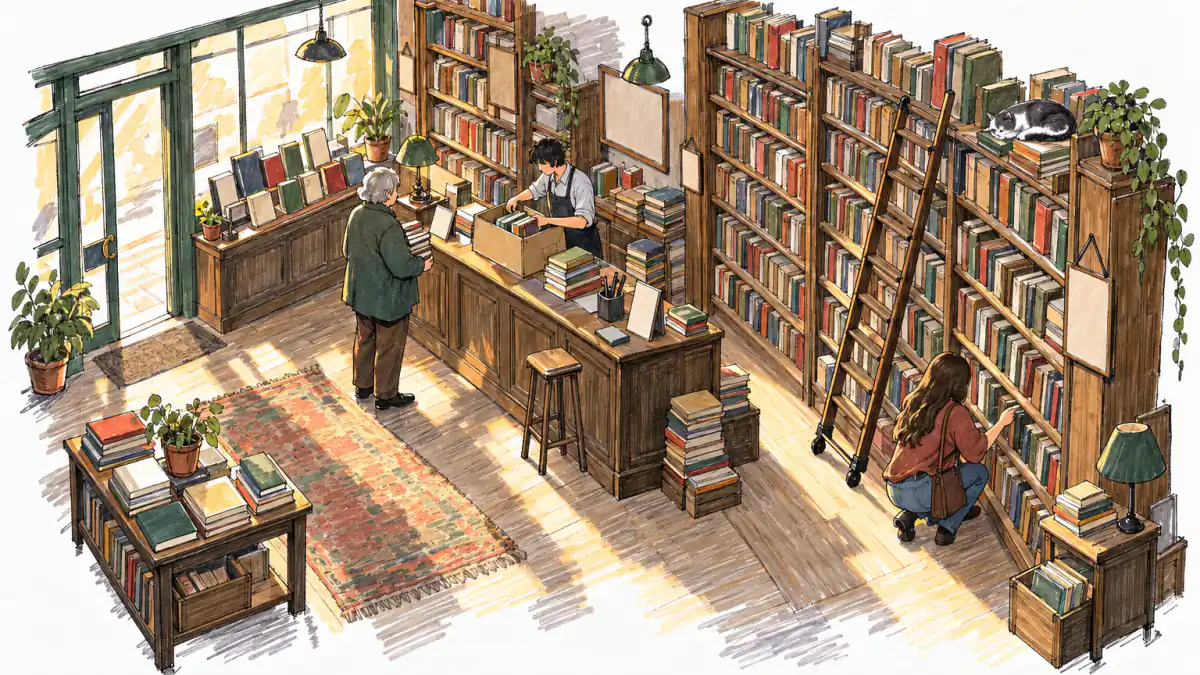 Marker sketch of a cozy used bookstore with an owner sorting a box of books, a customer trading paperbacks, and a cat on a stack