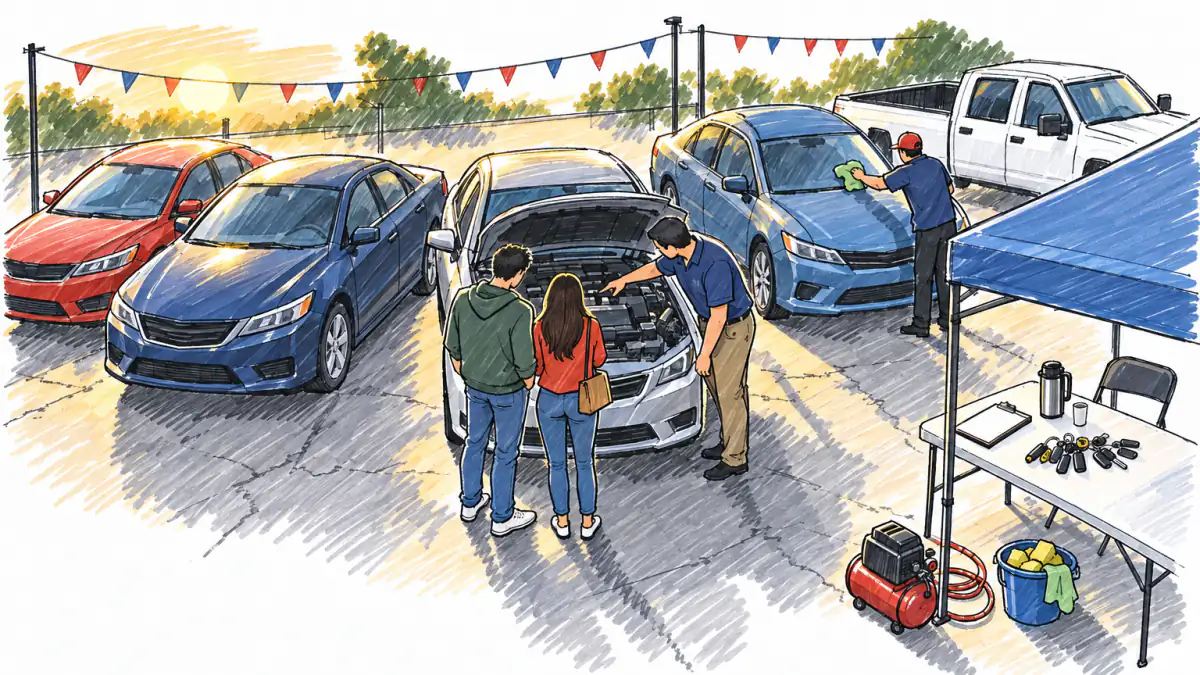 Marker sketch of a dealer showing an engine to a couple on a sunny used car lot while a worker cleans a windshield