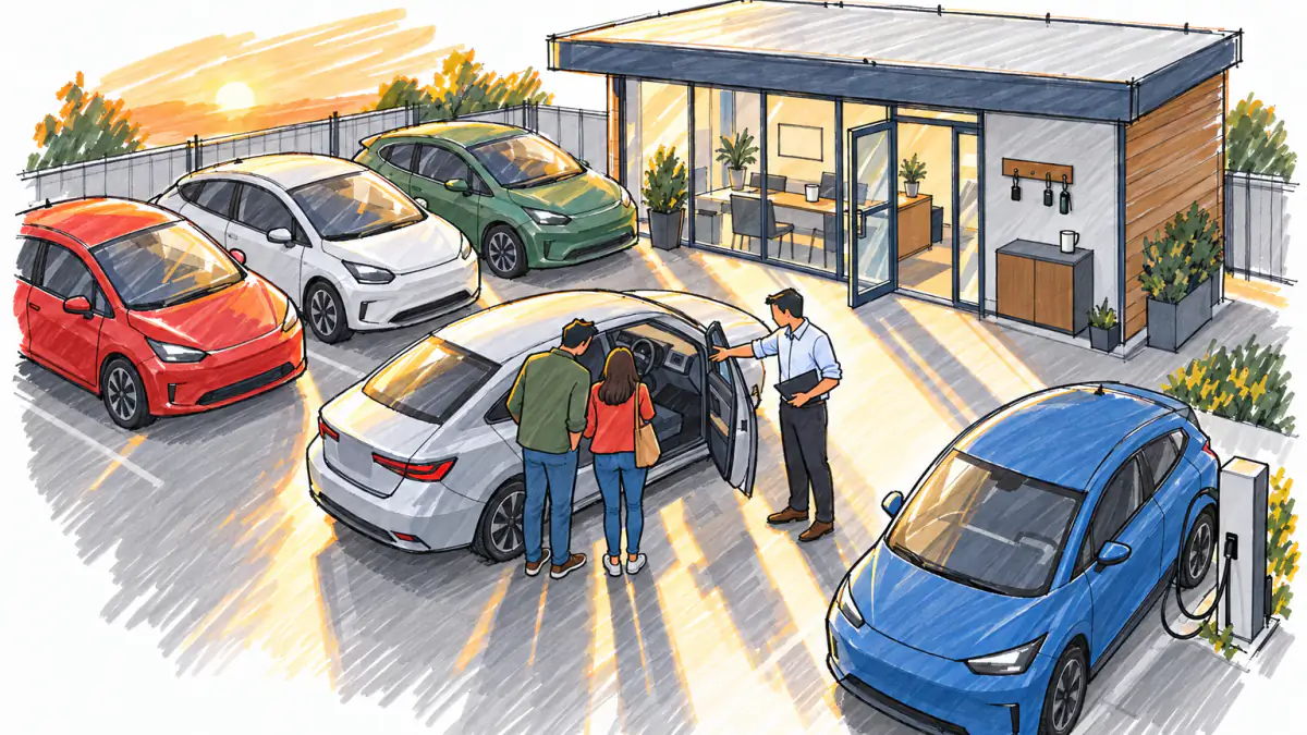 Marker sketch of a salesperson showing a car to a couple on a small used car lot at sunset, with a sales office behind