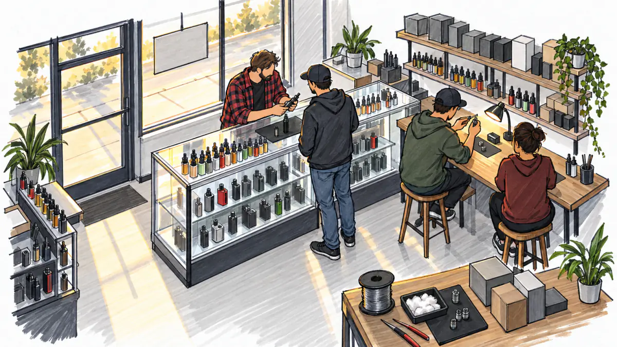 Marker sketch of a vape shop counter where an owner shows a device to a customer while two adults sit at a tasting bar