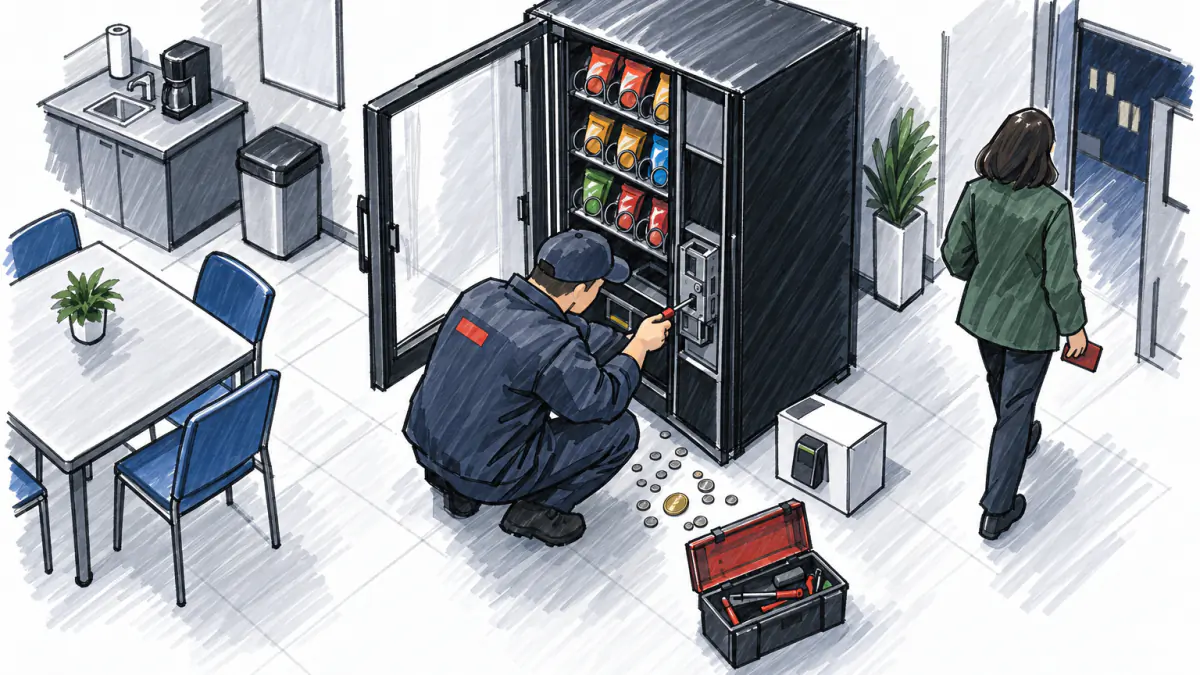 Marker sketch of an operator fixing a jammed coin slot in an open snack machine, coins on the floor beside a boxed card reader