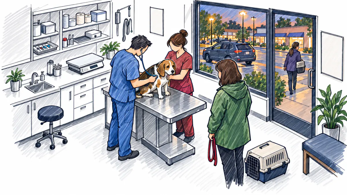 Marker sketch of a vet and tech examining a beagle on a steel table as its owner waits, a cat carrier on the floor, dusk outside