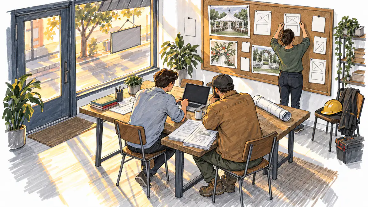 Marker sketch of a web builder and a roofing contractor at a sunlit worktable with mockups, blueprints and a corkboard behind