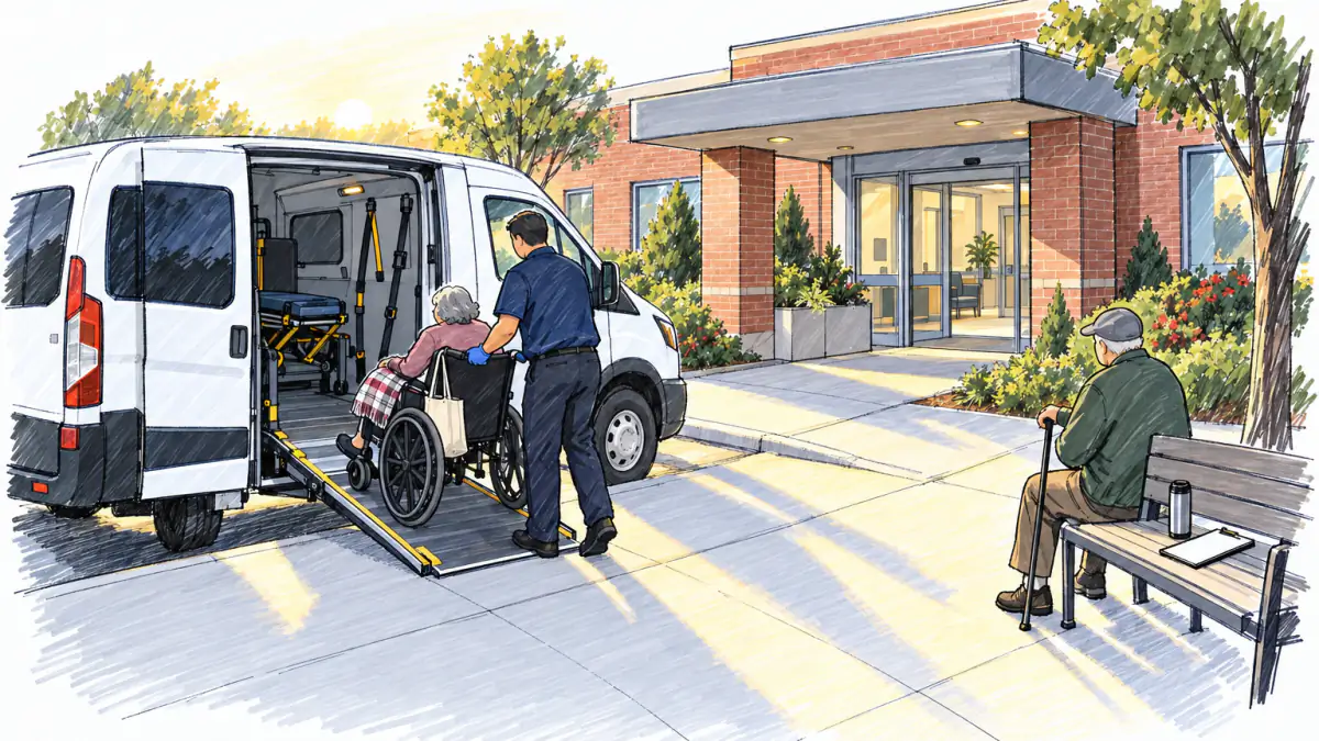 Marker sketch of a driver helping an older woman in a wheelchair up a van ramp outside a clinic at dawn