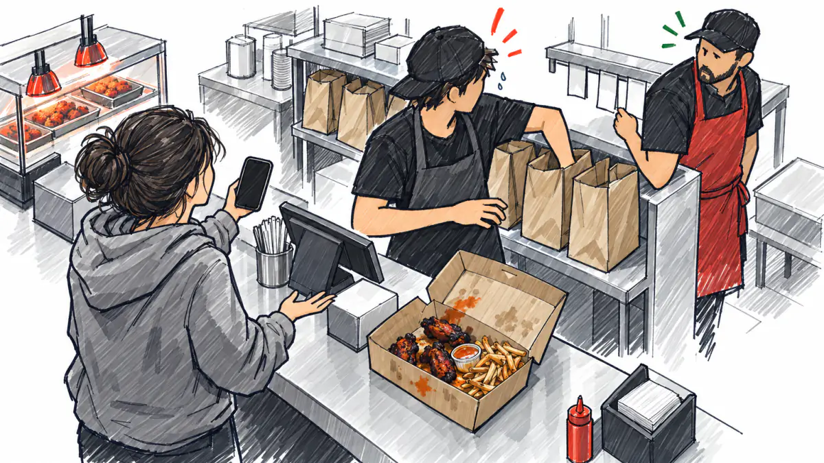 Marker sketch of a customer at a wing shop counter facing a cashier over an open box of dry wings and soggy fries