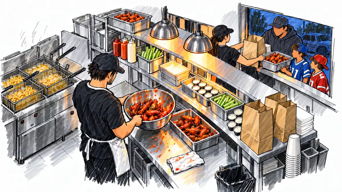Marker sketch of a cook tossing sauced wings while a worker hands bags and a wing tray to a father and kids at a pickup window