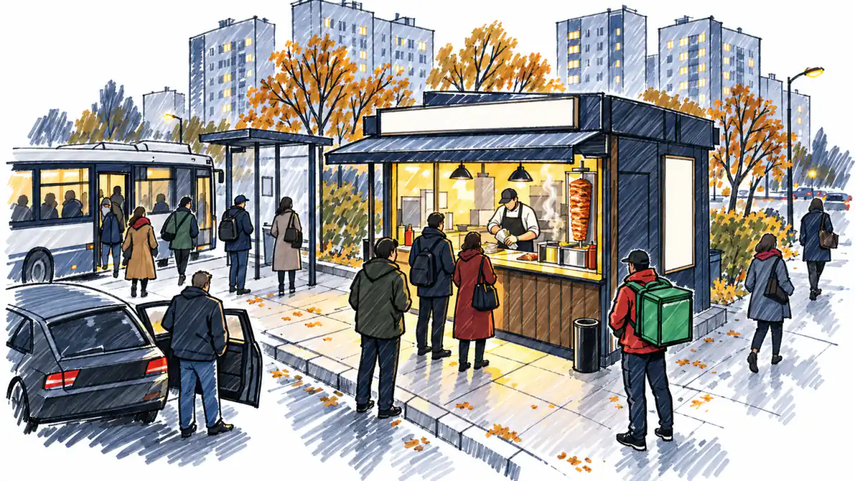 Киоск с шаурмой у остановки вечером: очередь к окну, водитель у машины, курьер с сумкой, прохожие идут мимо